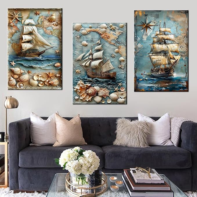 Abstract Sailboat Canvas Wall Art 3 Pieces Large Size Poster Blue Ocean Landscape Nautical Picture Painting Artwork for Living Room Hotel Office Wall Decoration Stretched and Framed [72''Wx 36''H]