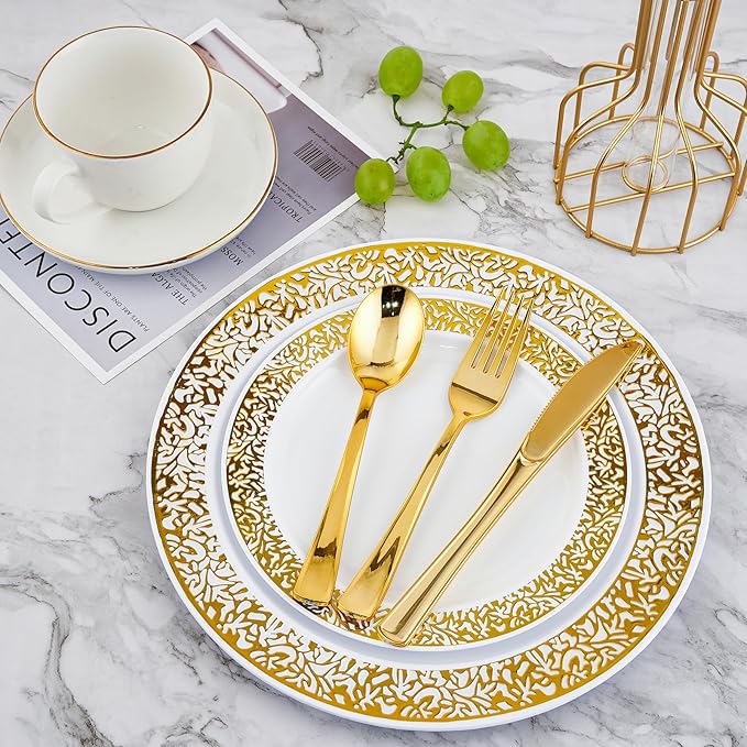 210 Count Gold Plastic Dinnerware, Gold Disposable Plates, Includes: 30 Dinner & 30 Dessert Plates & 30 Cups & 30 Paper Napkins & 30 Plastic Silverware Set