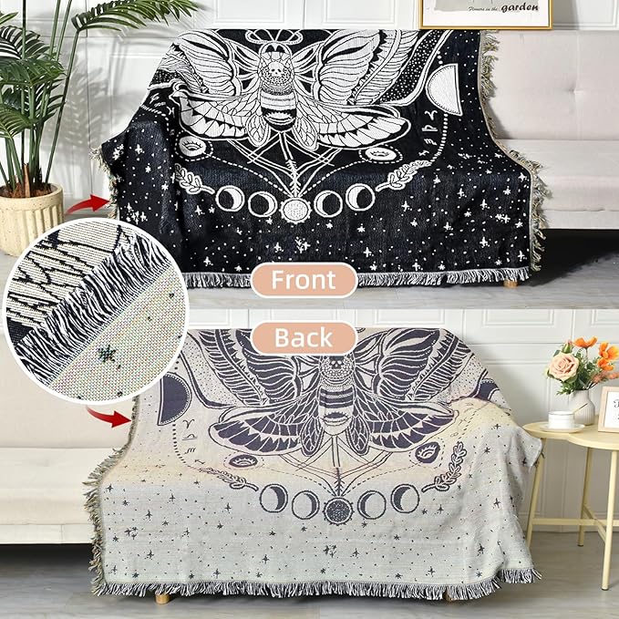 Boho Throw Blanket Reversible Cotton Bohemian Tapestry Hippie Room Decor Double Sided (Month Moth Black 50"x60")