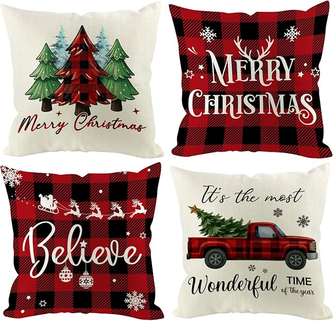 Christmas Pillow Covers 18x18 inch Set of 4, Holiday Winter Outdoor Red Plaid Vintage Tree Snowflake Xmas White Farmhouse Burgundy Seasonal Burlap Decorations for Sofa Couch