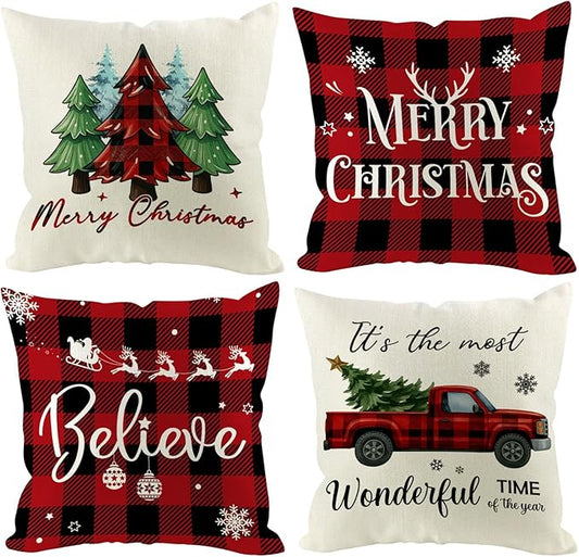 Christmas Pillow Covers 18x18 inch Set of 4, Holiday Winter Outdoor Red Plaid Vintage Tree Snowflake Xmas White Farmhouse Burgundy Seasonal Burlap Decorations for Sofa Couch