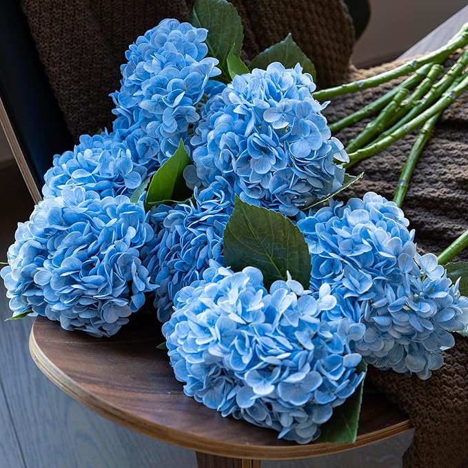 4PCS Artificial Flowers Large Hydrangeas Flowers Latex Bouquet for Wedding Bridal Office Home Party Decoration (4Pcs Blue)