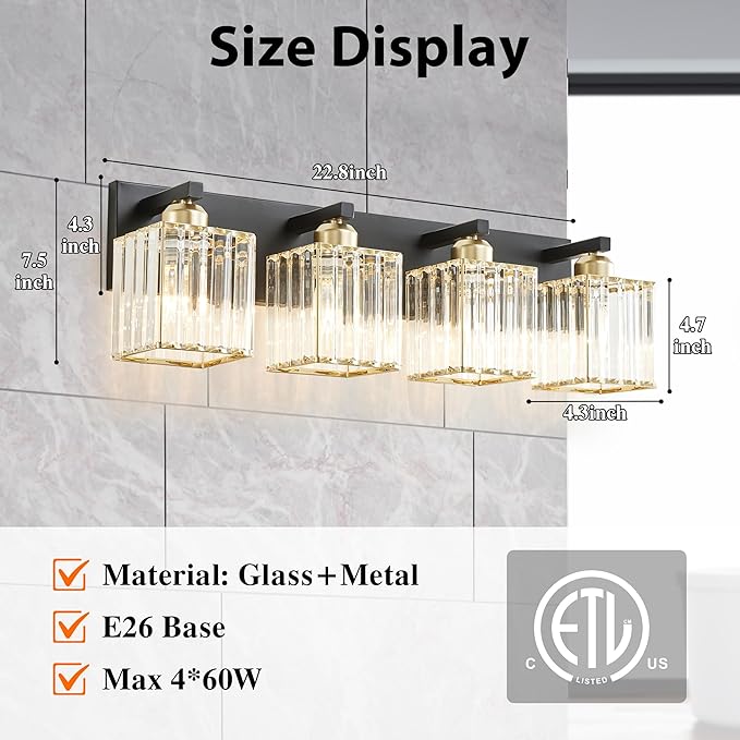Bathroom Vanity Light Fixtures Over Mirror - Makeup Lighting Black Gold - for Modern Wall, Bath, Desk, Farmhouse, Hallway 4 Crystal Lights