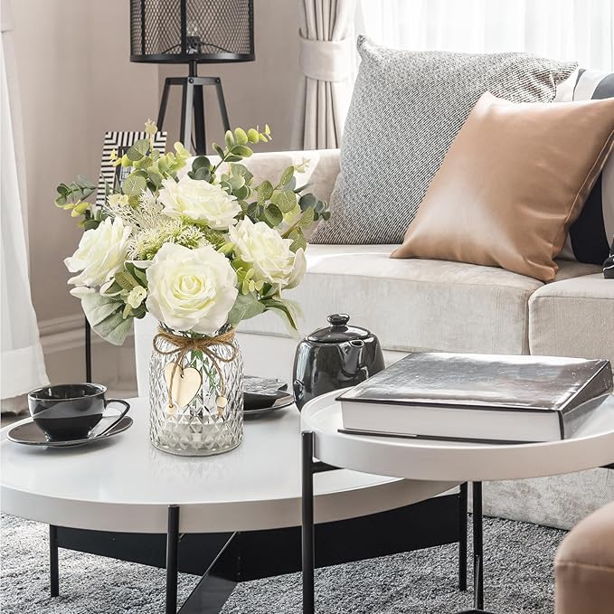 HOHOTIME Artificial Flowers with Vase, White Silk Roses Fake Flower Arrangement with Eucalyptus, Faux Plant Vase for Home Office Dining Table Centerpiece Coffee Table Decor Farmhouse Decoration