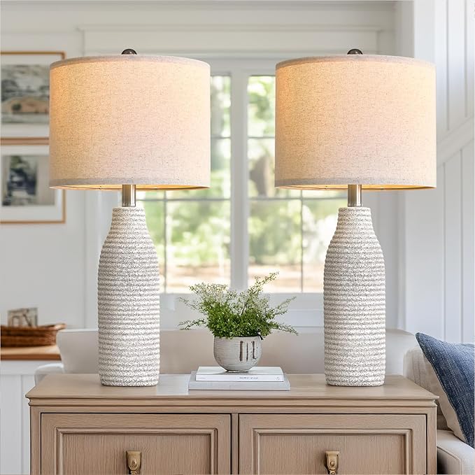 25" Ceramic Table Lamps for Living Room, Modern Design Bedside Lamps Set of 2, Nightstand Lamps for Bedroom with Rotary Switch, Gray and White
