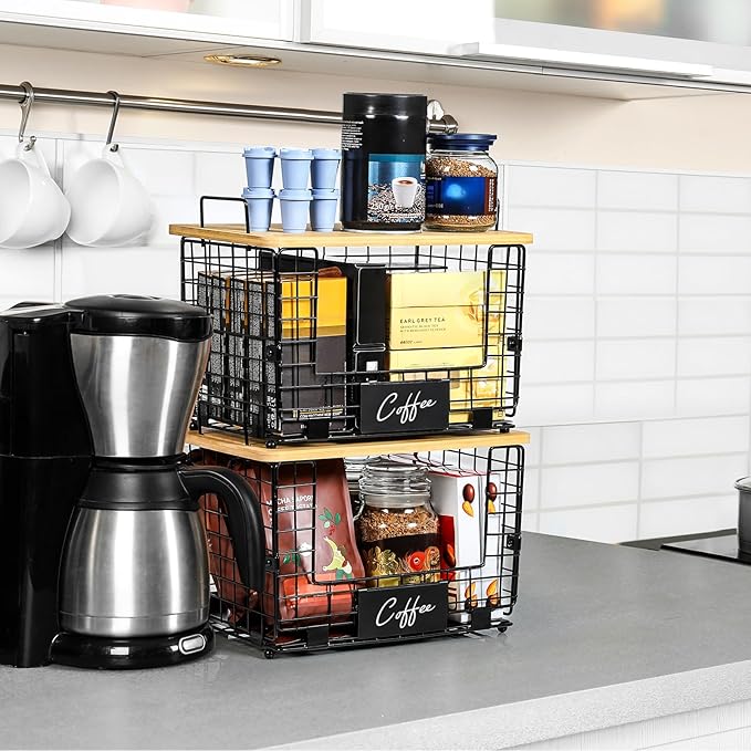 2 Set XL Stackable Wire Basket with Bamboo Tops & Tags- Pantry Organizer and Storage Bins, Kitchen Counter Cabinet Shelf Countertop Under Sink Organizing, Food Snack Produce Onion Potato Bread Storage