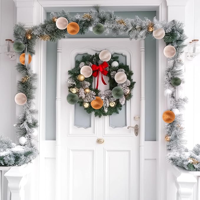 Christmas Tree Ornaments Set Velvet Balls, 15pcs Shatterproof Christmas Bulbs Ornaments for Xmas Tree Decorative Hanging, Vintage Flocked Decoration, 58mm, 2.3in, Multicolor Green Brown Neutral