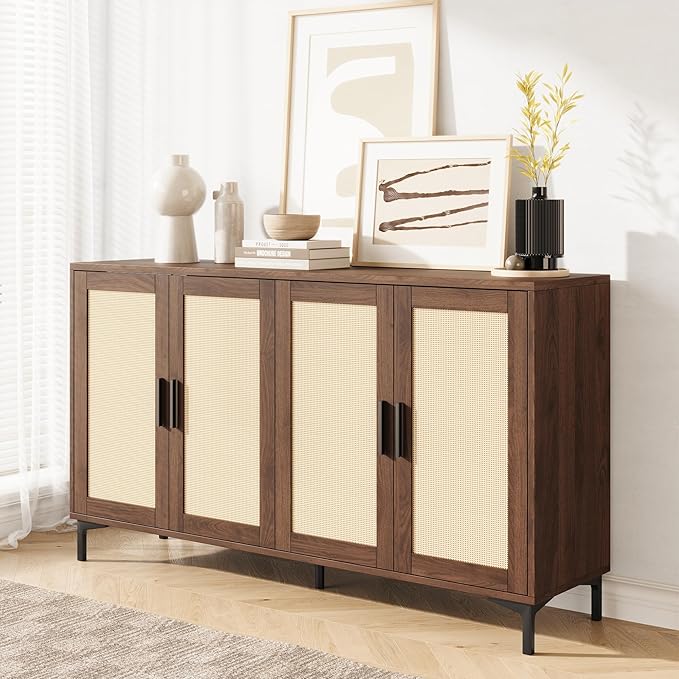 Modern Rattan Decor Sideboard - 42"W x 34.66"H x 15"D, Brown, 4 Doors, 3 Adjustable Shelves, Kitchen Buffet Cabinet, Dining Room, Living Room