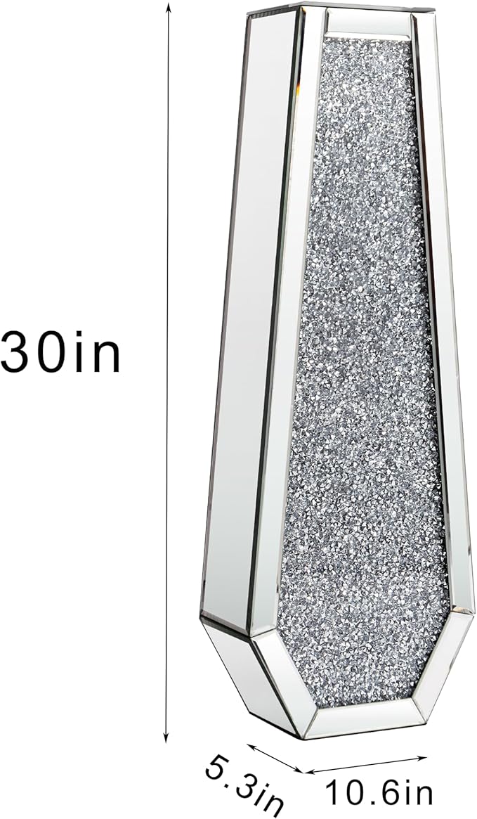 SHYFOY 30" Crushed Diamond Floor Vases Set of 2 Silver Mirrored Finish Tall Vases for Floor, Large Crystal Glass Decorative Vase for Living Room Office Corner Hallway Home Decor