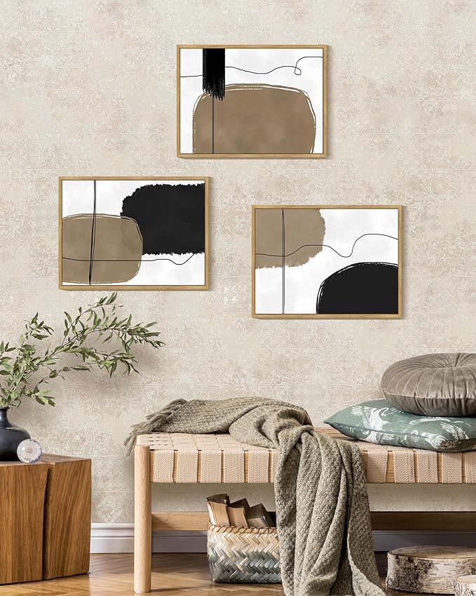 KUVIOKE Abstract Wall Art Framed Neutral Beige Mid Century Textured Artwork Black Minimalist Line Modern Illustrations Bedroom Hallway Ready to Hang 11x14in (Natural Framed)