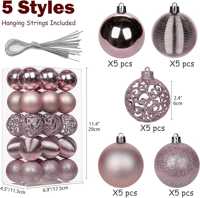 30PCS 2.36" Christmas Ball Ornaments Shatterproof Pink Christmas Tree Decorations Xmas Tree Balls Halloween Ornaments Décor