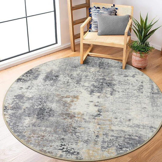 Lahome Modern Abstract Round Rug - 5Ft Grey Living Room Rugs Washable 5x5 Circle Rugs Indoor Dining Table Mat, Soft Non Slip Low Pile Office Carpet for Bedroom Playroom Kitchen Coffee Table