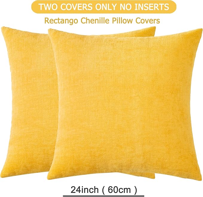 GAWAMAY Decorative Chenille Throw Pillow Covers 24x24 Inch Pack of 2, Soft Square Couch Pillow Cover for Sofa Cushion Living Room Bedroom Solid Dyed Pillowcases Mustard Yellow 60x60cm (ONLY Covers)