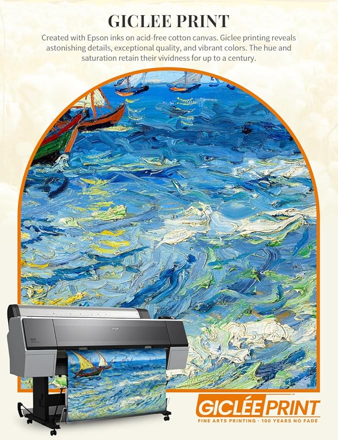 DECORARTS - Fishing Boats At Sea - Vincent Van Gogh Giclee Prints w/Antique Brown Frame for Wall Decor.