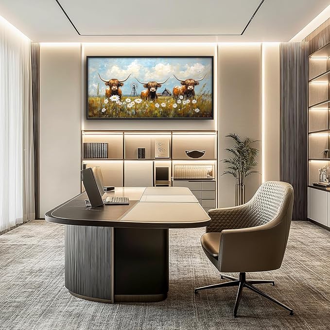 Flintis Large Highland Cow Barn Framed Wall Art Farmhouse Highland Cattle Daisy Pictures Wall Decor Abstract Canvas Painting Print Artworks Framed for Living Room Bathroom Master Bedroom 60L X 30W