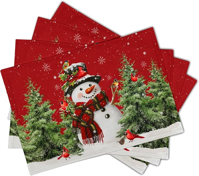 Snowman Placemats 12×18 Inches Set of 4 Holiday Trees Indoor Kitchen Dining Table Place Mats for Home Party Decoration