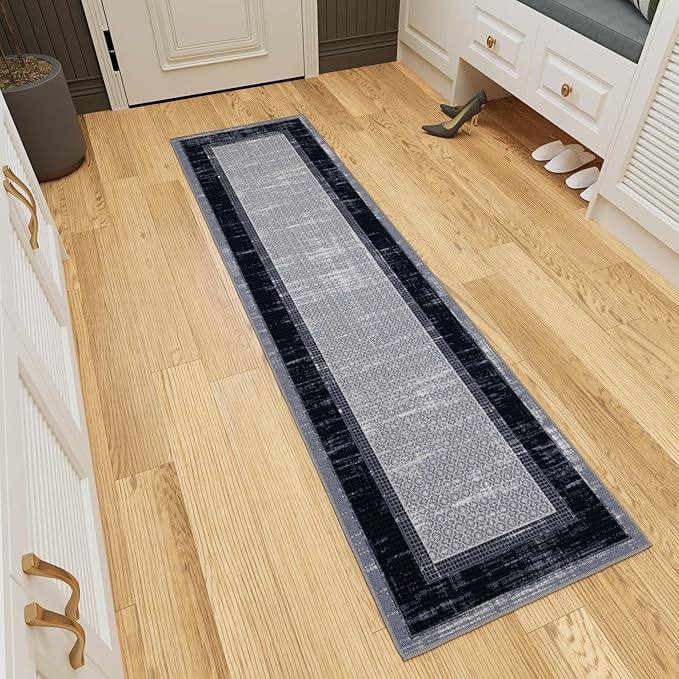 Ottomanson Hallway Runner Rug 1'10" x 7' Non Slip Border Area Rugs Easy to Clean Laundry Rug Runner Durable & Pet Friendly Floor Carpet Runners for Hallways Entryway Living Room Kitchen, Gray/Navy