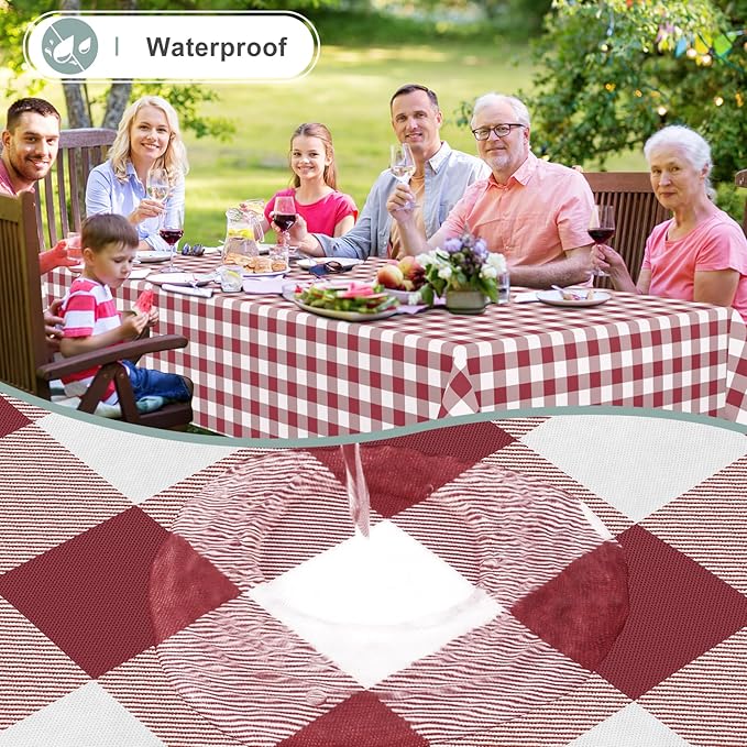 misaya Rectangle Waterproof Vinyl Table Cloth, Buffalo Flannel Backed Tablecloth, Wipeable Plastic Table Cover for Dinner, Kitchen, Outdoor (52" x 70", Burgundy and White)