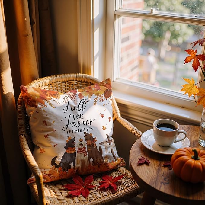 Christian Fall Dog Pillow Covers 18x18, Farmhouse Autumn Decor, Fall for Jesus He Never Leaves Pumpkin Autumn Maple Leaves Funny Puppy Decorative Throw Pillow Covers for Home Bedroom Living Room