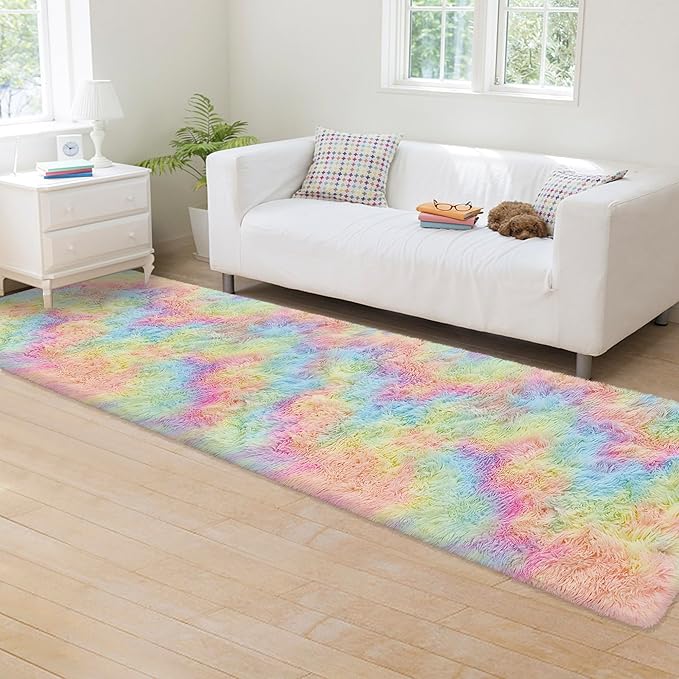 Fluffy Rainbow Rug for Girls Bedroom 2x8 Feet Kawaii Tie Dye Area Rug Colorful Unicorn Runner Rug for Kids Teens Nursery Baby Princess Room Living Room Home Decor Carpets