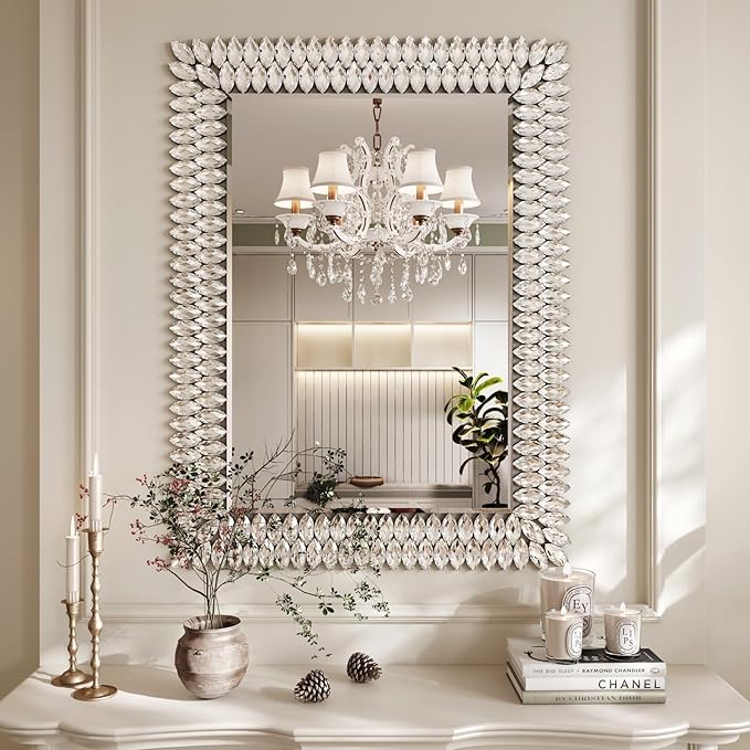 Kelly Miller 30"x40" Jeweled Bathroom Wall Mirror, Large Rectangle Mirror Decorative Mirror Luxury Vanity Mirror with Diamonds for Master Bath Half Bath Living Room Bedroom Fireplace Mantle Entryway