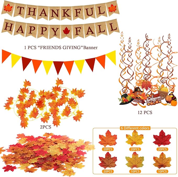 Thankful Happy Fall Burlap Banner Paper Triangular Bunting Maple Leaf Garland Plastic Streamer for Autumn Harvest Thanksgiving Day Party Decoration