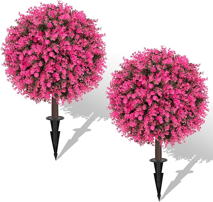 Set of 2 Artificial Pink Boxwood Topiary Ball Bush for Outdoor with Ground Spike 22", UV Resistant Faux Greenery Shrubs, Fake Pink&Green Boxwood Plants for Garden, Yard, Porch, Patio Decor