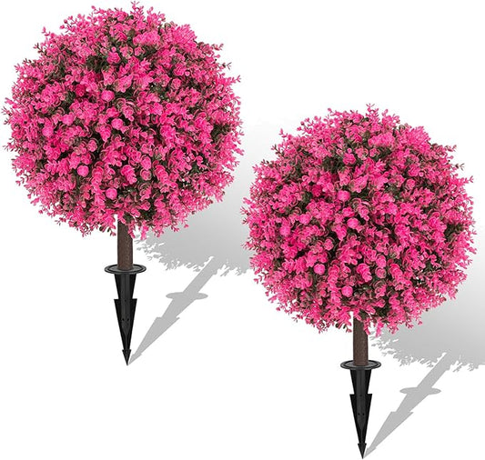 Set of 2 Artificial Pink Boxwood Topiary Ball Bush for Outdoor with Ground Spike 22", UV Resistant Faux Greenery Shrubs, Fake Pink&Green Boxwood Plants for Garden, Yard, Porch, Patio Decor