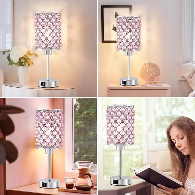 Crystal Table Lamp, Pink Touch Lamp with USB C+A Ports, 3 Way Dimmable Lamp with Crystal Shade, Bedside Lamp Small Lamp for Girl Bedroom, Living Room(Buld Included)