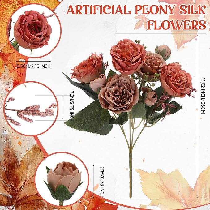Geosar 16 Bundles Artificial Peonies Flowers Fake Silk Peony Bouquet Faux Peonies Flowers Bulk for Decoration Vase Florals Arrangements Wedding Party Table (Orange,Brown)