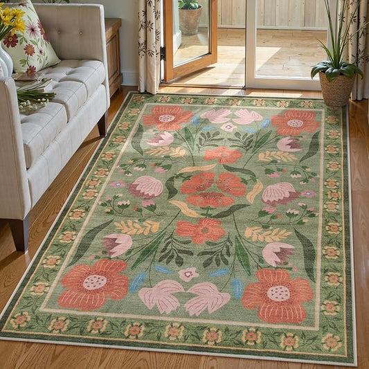 Beeiva Green 5x7 Area Rugs, Floral Machine Washable Living Room Area Rugs Non Slip Non-Shedding, Flower Ultra Thin Carpet for Living Room Dorm Playroom Décor (Green,5'x7')