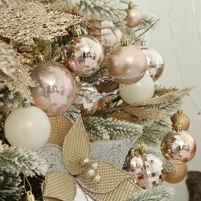 Sea Team 86-Pack Shatterproof Rose Gold Christmas Ball Ornaments Set, Assorted Multi-Sized Hanging Baubles, Xmas Tree Decorations, Seasonal Décor for Holiday Wreath Garland, Hooks Included