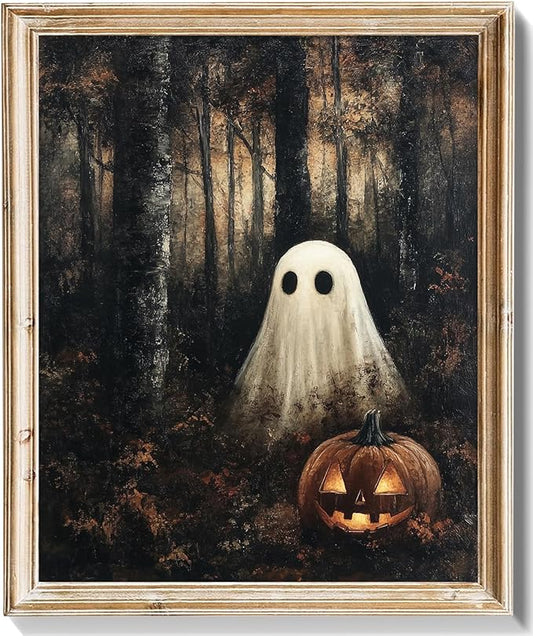 RETRART Vintage Halloween Ghost Wall Decor Pumpkin Head Wall Art Print 8x10 inch Horror Decor, for Bedroom, Kitchen Spooky Wall Decor, Moody Fall Forest Gallery Style Canvas Picture -Unframed