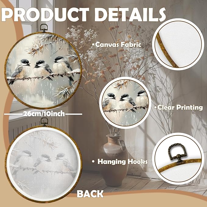 CUANFDDSF Vintage Winter Bird Round Wall Art Decor, Rustic Cottagecore Bird Wall Hanging Frame Decor, Farmhouse Cozy Winter Canvas Prints Decorations for Home Bedroom Living Room, 10x10 Inch
