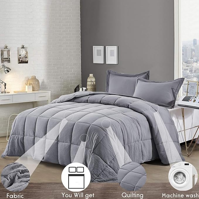 HIG 3pc Prewashed All Season Down Alternative Comforter Duvet Insert - Quilted Comforter with Corner Tabs - Box Stitched - 250GSM Fiberfill Chic Farmhouse Style Bedding(Salomon,Twin,Gray)
