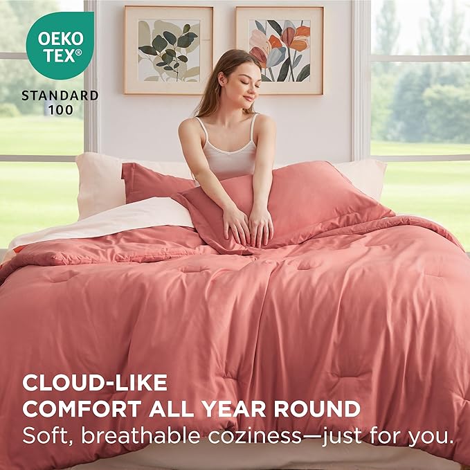 Bedsure Full Size Comforter Set - 7 Pieces Coral Full Bedding Set for All Seasons, Boho Contrasting Design Bed in a Bag with Comforter, Sheets, Pillowcases & Shams