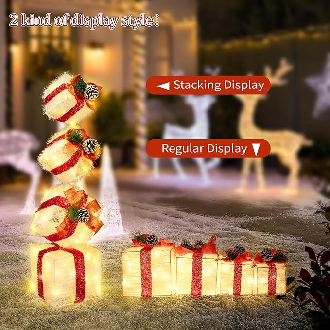 Christmas Lighted Gift Boxes Decorations Set of 4, 2.8Ft Stackable Christmas Nesting Boxes Battery Operated for Home and Party Decoration (8"-6"-5"-4", Red Bow)