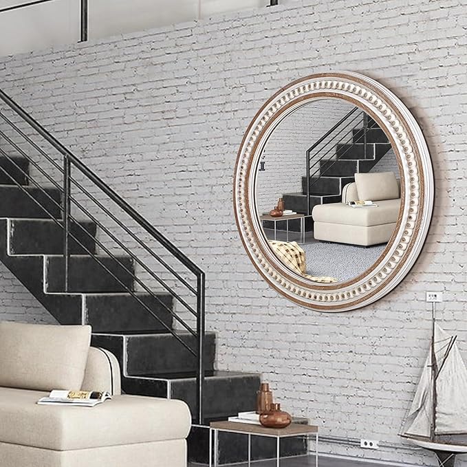 24 Inches Rustic Round Wall Mirrors - Wooden Farmhouse Circle Mirror for Bathroom, Entryway, Bedroom, Living Room, Entryway Decorative
