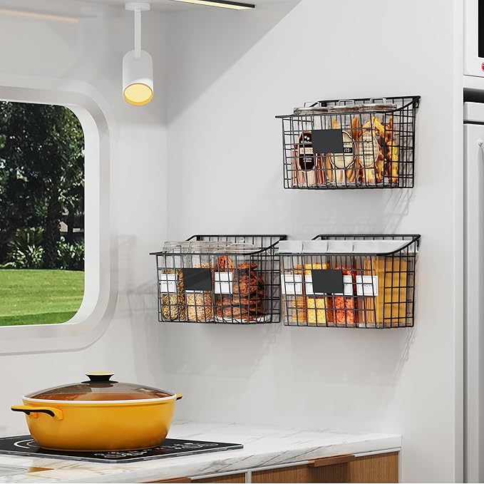 Wall Mounted Bin Basket with 5 Hooks 3 Label Plate Adhesive-3 Pack, Cabinet Hanging Metal Wire Basket,Rustic Farmhouse Decor, Storage Organization Shelf for Pantry Kitchen Bathroom 10.6*7.5*5.1inch