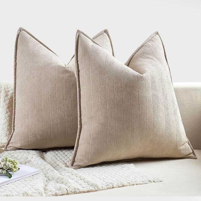 MIULEE Pack of 2 Beige Decorative Pillow Covers 22x22 Inch Soft Chenille Luxurious Couch Throw Pillows Farmhouse Cushion Covers Euro Shams with Elegant Design for Sofa Bedroom Living Room Home Decor