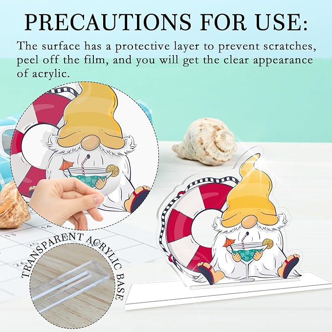 Hello Summer Acrylic Sign - Beach Gnomes Summer Acrylic Plaque - Seasonal Welcome Tabletop Decoration Sign Favors For Friends Family - Home Desk Office Shelf Supplies & Decor-A04