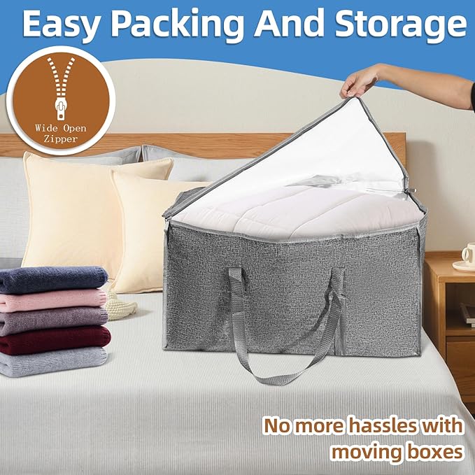 4 Pack-Extra Large Heavy Duty Moving Bags - Waterproof Storage Totes with Handles & Zippers, Foldable for College Dorm, Storage (Gray)