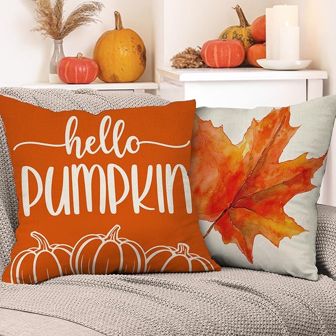 Happy Fall Y'all Decorative Throw Pillow Covers 18 x 18 Set of 4, Autumn Hello Pumpkin Maple Leaves Porch Outdoor Home Decor, Orange Seasonal Sofa Couch Cushion Case
