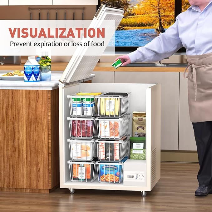 Goovilla Freezer Organizer Bins with Foldable Handle, 4 Pack Stackable Freezer Baskets for 3.5-7 Cu.FT Deep Chest Freezer Organization, White Metal Freezer Storage Bins with Better Space Utilization