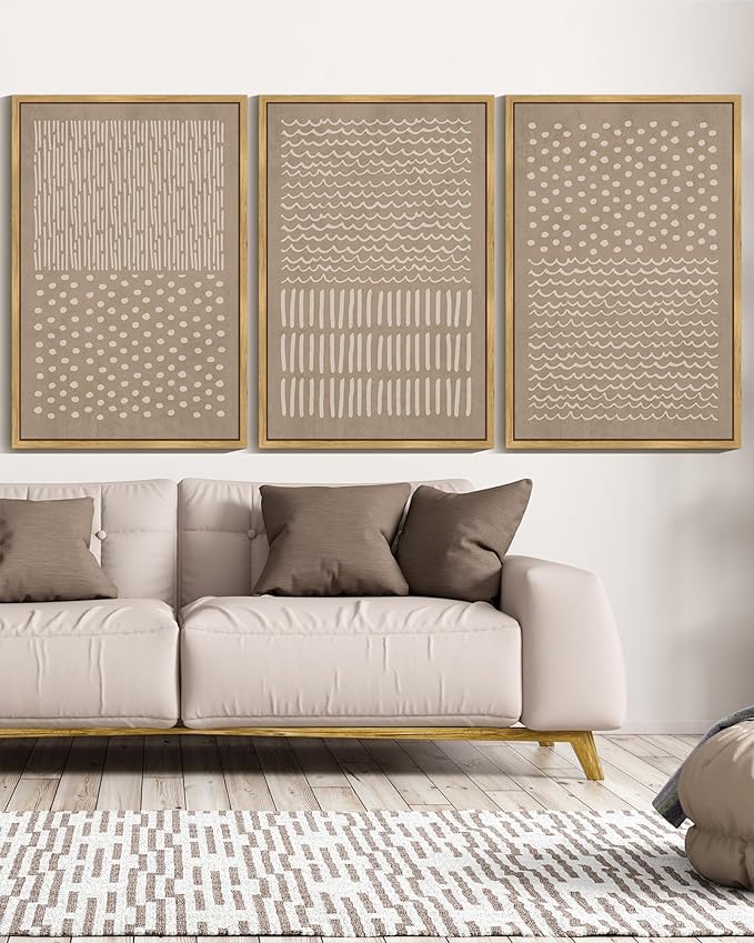 KUVIOKE Boho Mid-Century Modern Wall Art Framed Neutral Retro Minimalist Geometric Prints Rustic Bohemain Artwork Kitchen Dining Room 24x36in (Natural Framed)