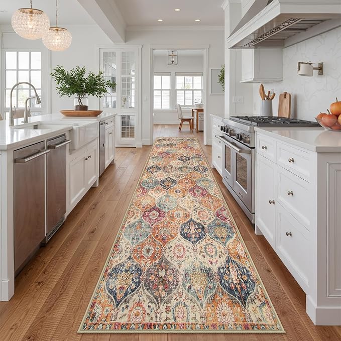 Lahome Moroccan Washable Runner Rug 2x10, Kitchen Runners for Hallways Rubber Backing Ultra-Thin Vintage Hallway Rug Non-Slip Stair Carpet for Entryway Bedroom Laundry Room, Cream/Multi