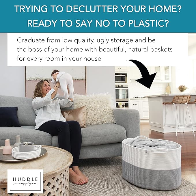 XXXL WASHABLE Large Blanket Basket 85L 2PCs Handmade Decorative Woven Baskets for Storage - Soft Durable XXX Large Cotton Rope Blanket Storage for Living Room, Toys, Organizer 22" x 14" (Grey/White)