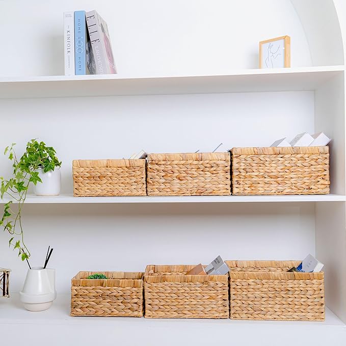 Set of 6 Wicker Storage Basket, Water Hyacinth Storage Baskets, Wicker Storage Baskets for Shelves (Combo 2 Sets SML)