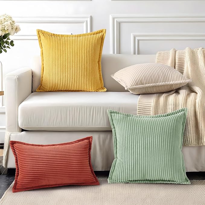 Mecatny Corduroy Throw Pillow Covers 22x22 Set of 2, Neutral Decorative Soft Boho Couch Pillow Covers with Broadside for Sofa Living Room, Mustard Yellow