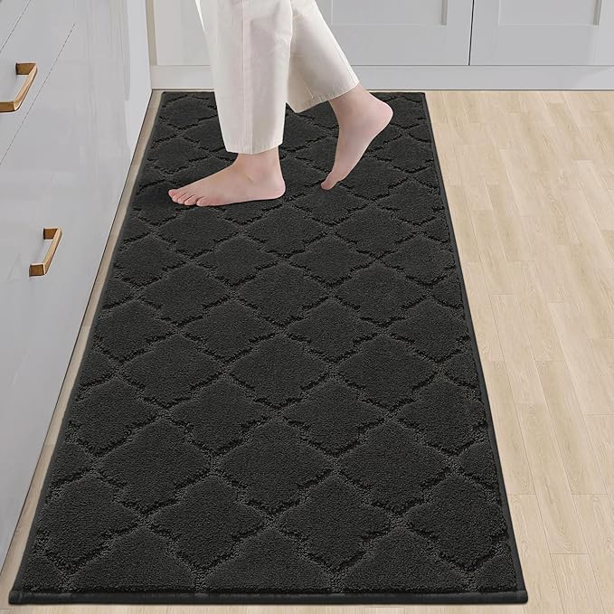 COSY HOMEER-Kitchen-Rugs-Non-Slip-Washable 24"x60" Absorbent Kitchen Runner Rug Polyester Kitchen Mats for Floor Soft Standing Floor Mats for Sink Mat,Hallway,Laundry,Black